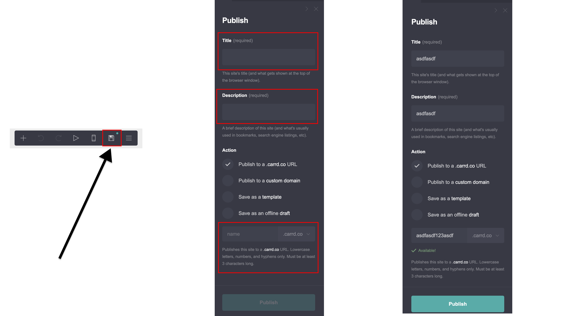 carrd publish button grayed out